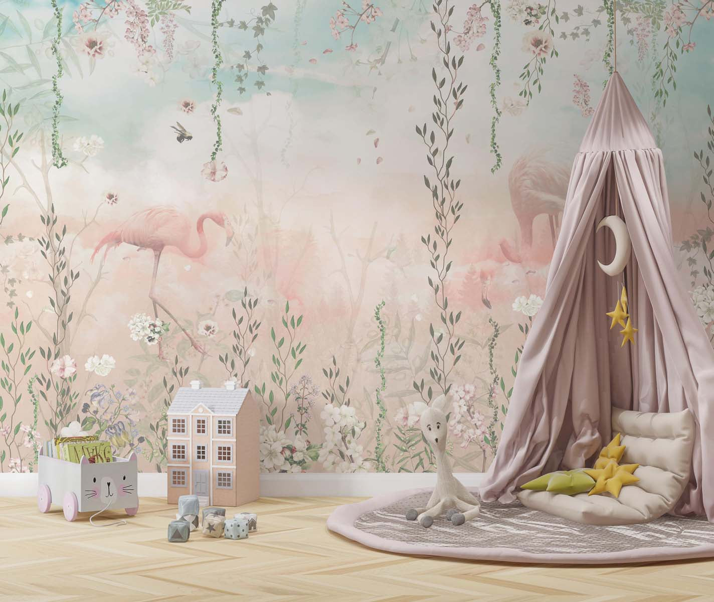 Tapet Personalizat Natura pentru copii cu jungla cu flamingo in nuante pastelate de roz si albastru - PASTEL FLAMINGO