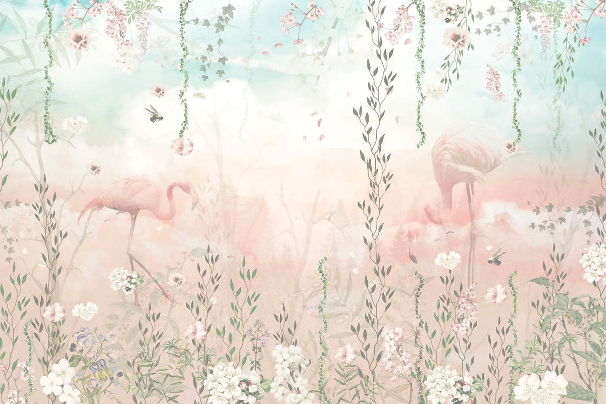 Tapet Personalizat Natura pentru copii cu jungla cu flamingo in nuante pastelate de roz si albastru - PASTEL FLAMINGO