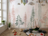 Tapet Personalizat Natura pentru copii cu padure de conifere in nuante de verde si roz pastel  - PASTEL PINE FOREST