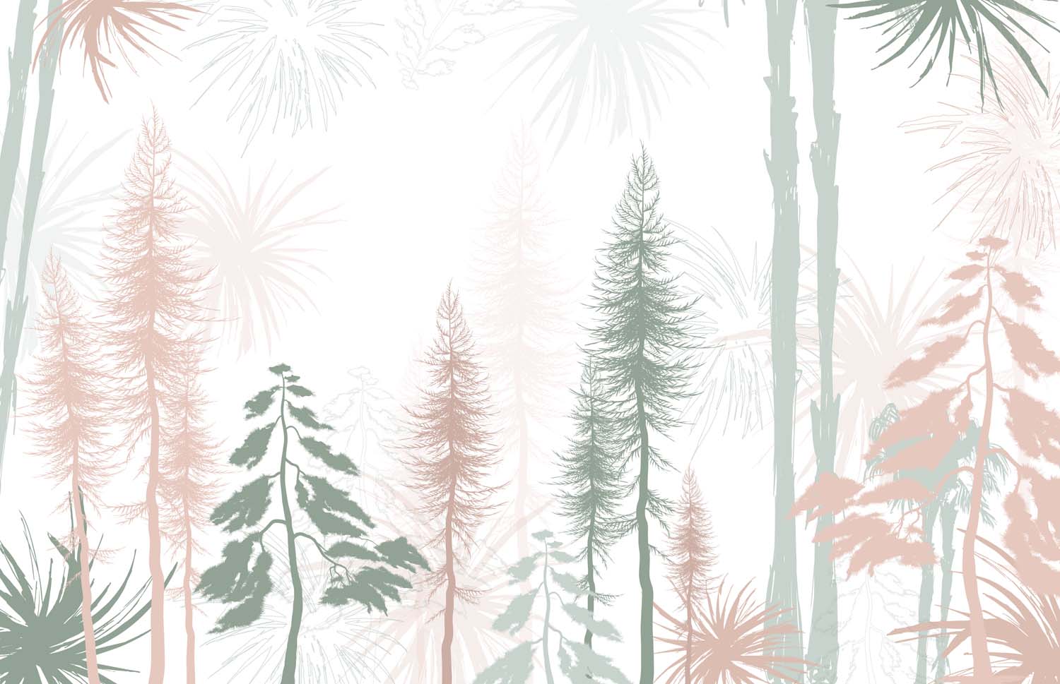 Tapet Personalizat Natura pentru copii cu padure de conifere in nuante de verde si roz pastel  - PASTEL PINE FOREST