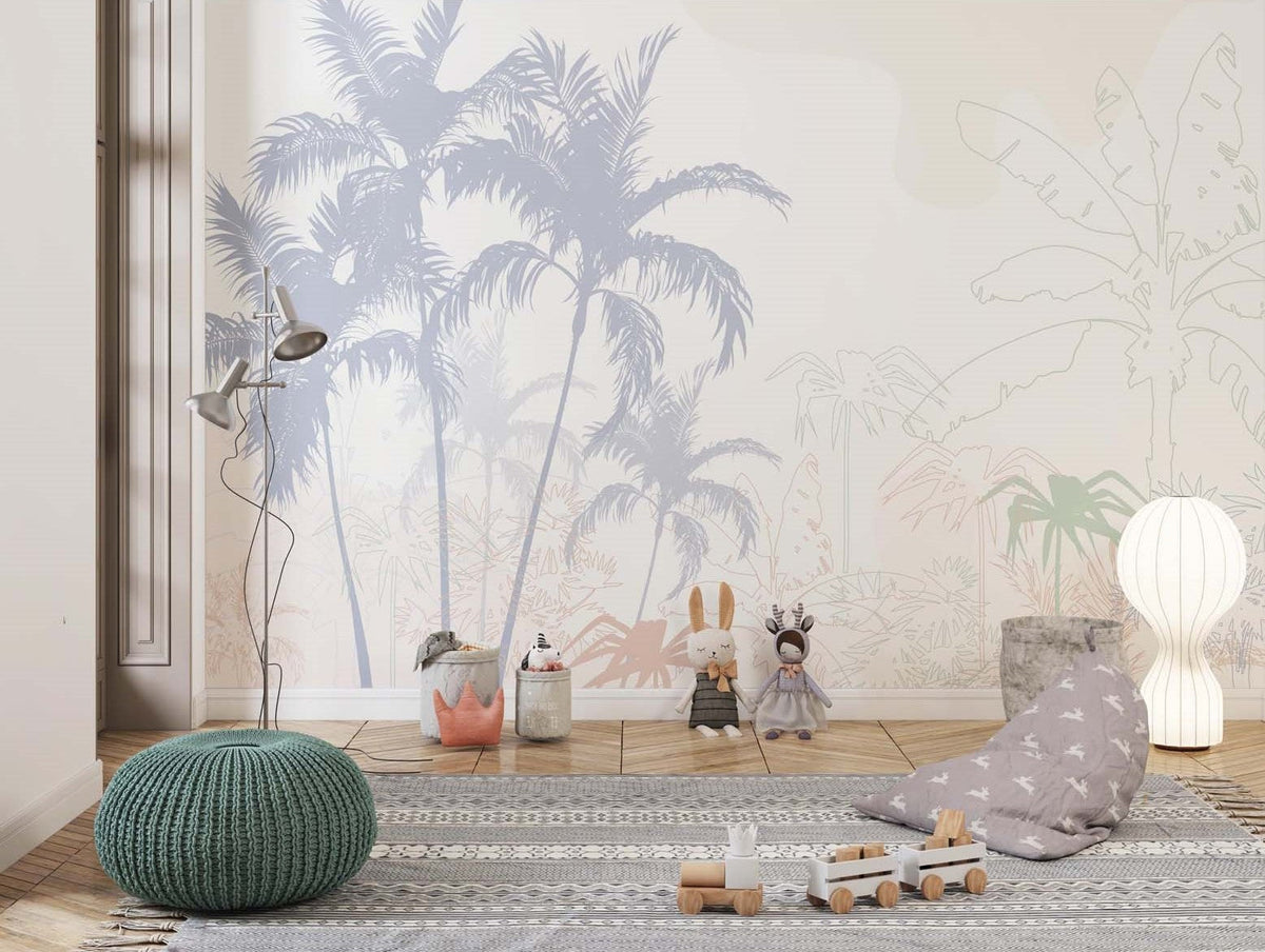 Tapet Personalizat Natura pentru copii cu palmieri abstracti in nuante pastelate - PASTEL PALM TREES