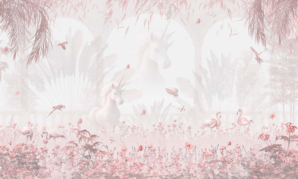 Tapet Personalizat Natura pentru copii cu padure roz si unicorni - PINKY UNICORNS