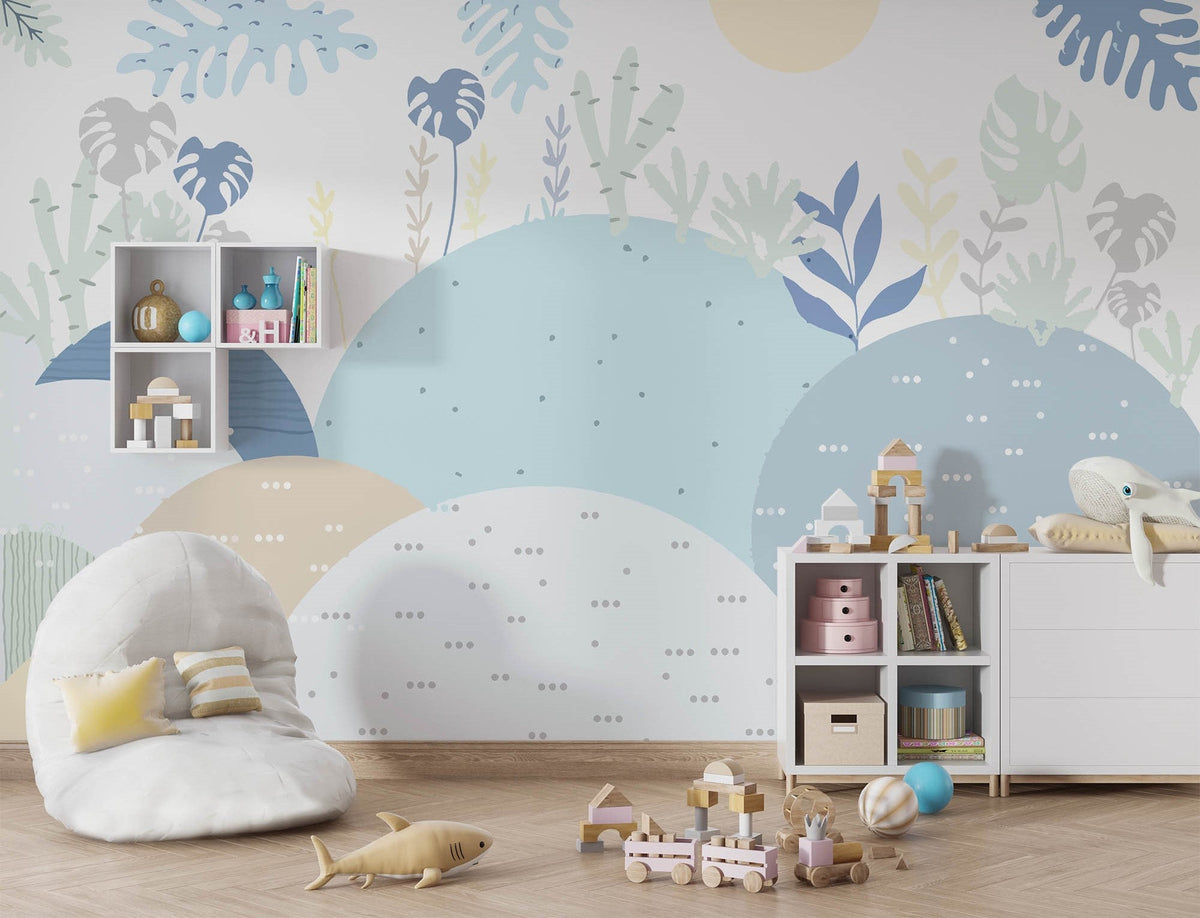 Tapet Personalizat Natura pentru copii cu dealuri abstracte in nuante de albastru - BLUE HILLS
