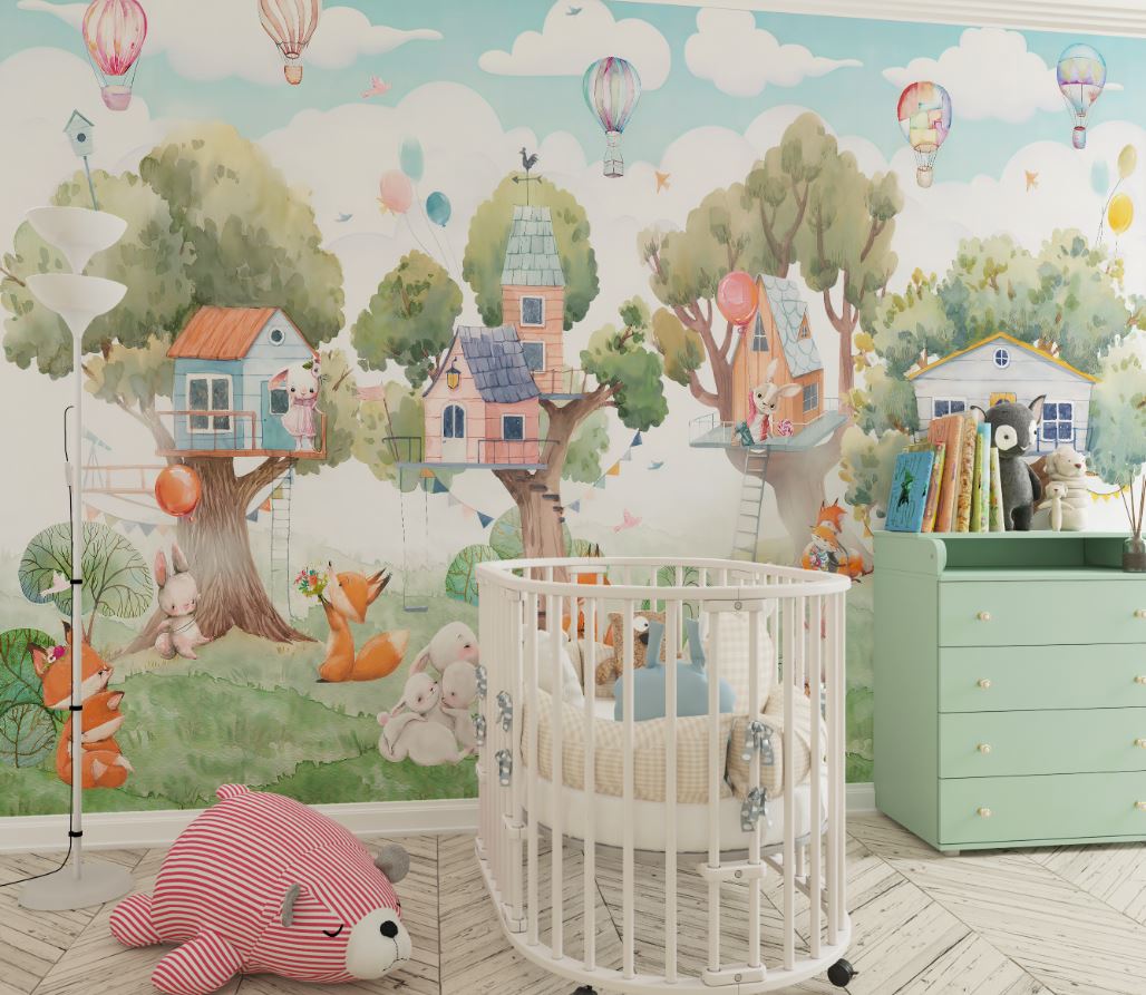 Tapet Personalizat Natura pentru copii cu casute colorate in copaci  - TREE HOUSE VILLAGE