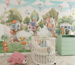 Tapet Personalizat Natura pentru copii cu casute colorate in copaci  - TREE HOUSE VILLAGE