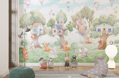 Tapet Personalizat Natura pentru copii cu casute colorate in copaci  - TREE HOUSE VILLAGE