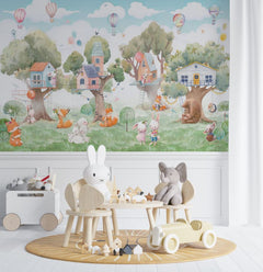 Tapet Personalizat Natura pentru copii cu casute colorate in copaci  - TREE HOUSE VILLAGE