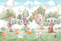 Tapet Personalizat Natura pentru copii cu casute colorate in copaci  - TREE HOUSE VILLAGE