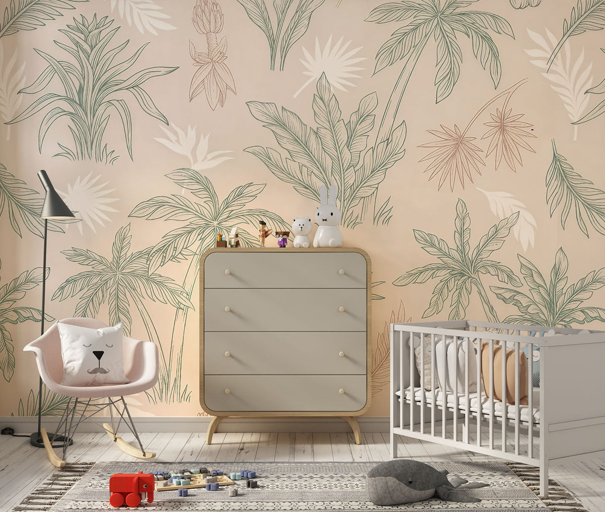 Tapet Personalizat Natura pentru copii cu palmieri si frunze in nuante de bej si verde - CREAM PALM OUTLINE