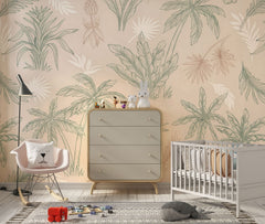 Tapet Personalizat Natura pentru copii cu palmieri si frunze in nuante de bej si verde - CREAM PALM OUTLINE