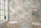 Tapet Personalizat Natura pentru copii cu palmieri si frunze in nuante de bej si verde - CREAM PALM OUTLINE
