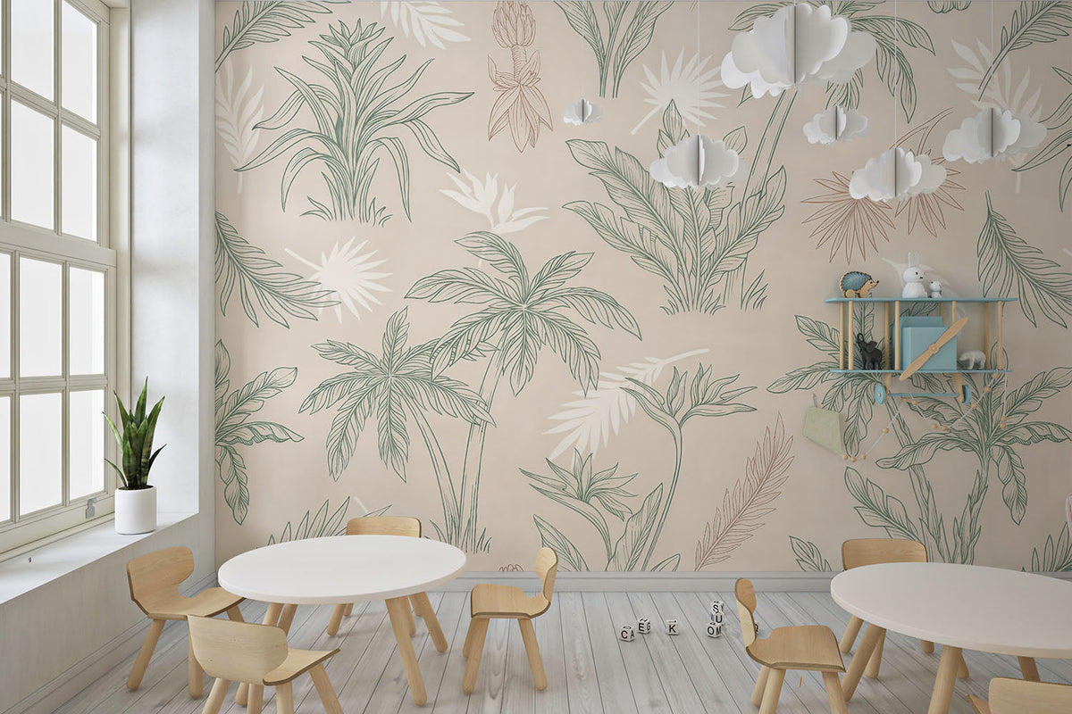 Tapet Personalizat Natura pentru copii cu palmieri si frunze in nuante de bej si verde - CREAM PALM OUTLINE