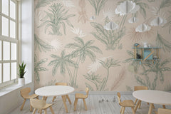 Tapet Personalizat Natura pentru copii cu palmieri si frunze in nuante de bej si verde - CREAM PALM OUTLINE