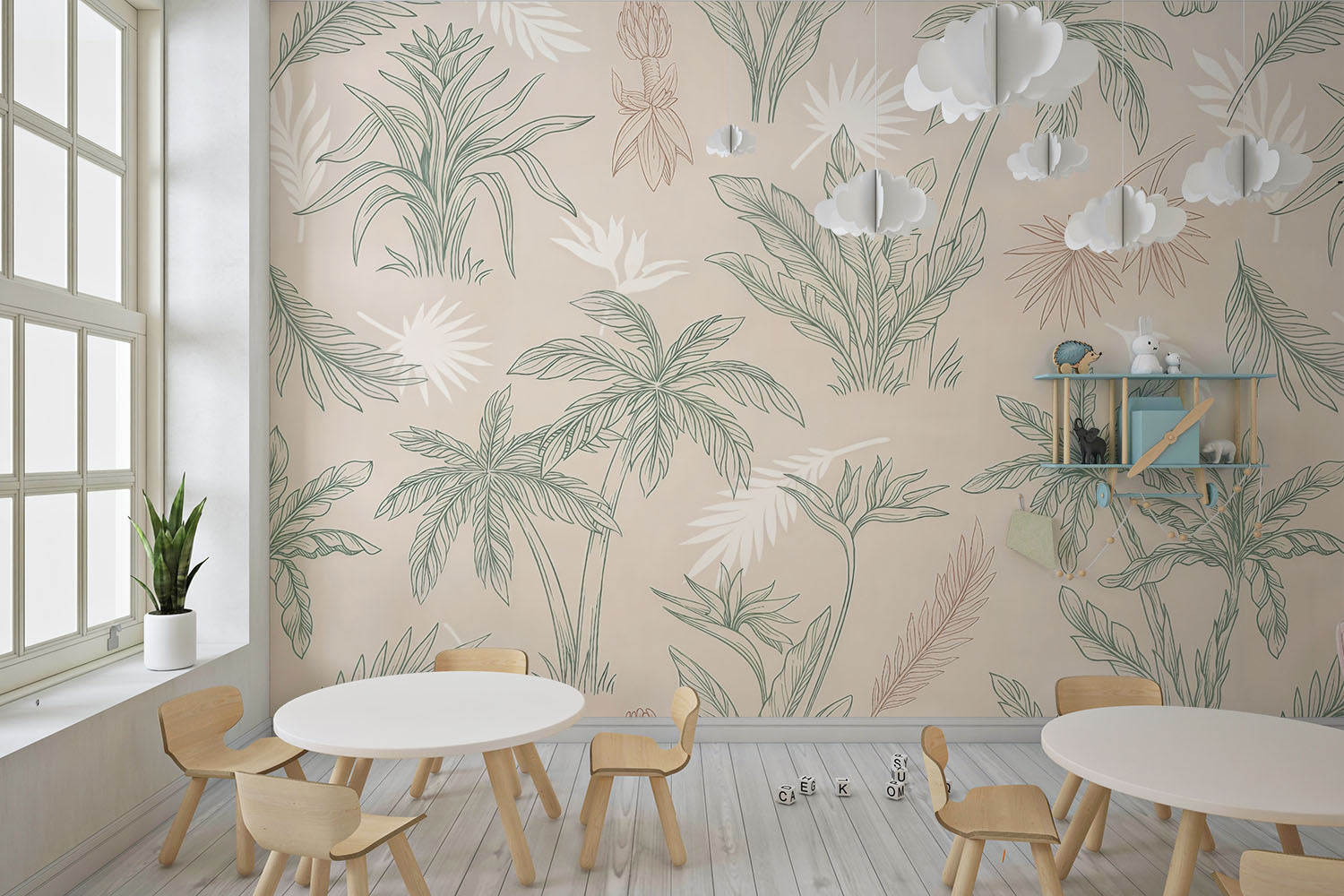 Tapet Personalizat Natura pentru copii cu palmieri si frunze in nuante de bej si verde - CREAM PALM OUTLINE