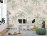 Tapet Personalizat Natura pentru copii cu palmieri si frunze in nuante de bej si verde - CREAM PALM OUTLINE