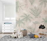 Tapet Personalizat Natura pentru copii cu palmieri si frunze in nuante de bej si verde - CREAM PALM OUTLINE