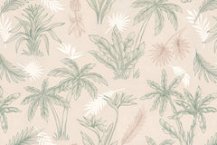 Tapet Personalizat Natura pentru copii cu palmieri si frunze in nuante de bej si verde - CREAM PALM OUTLINE