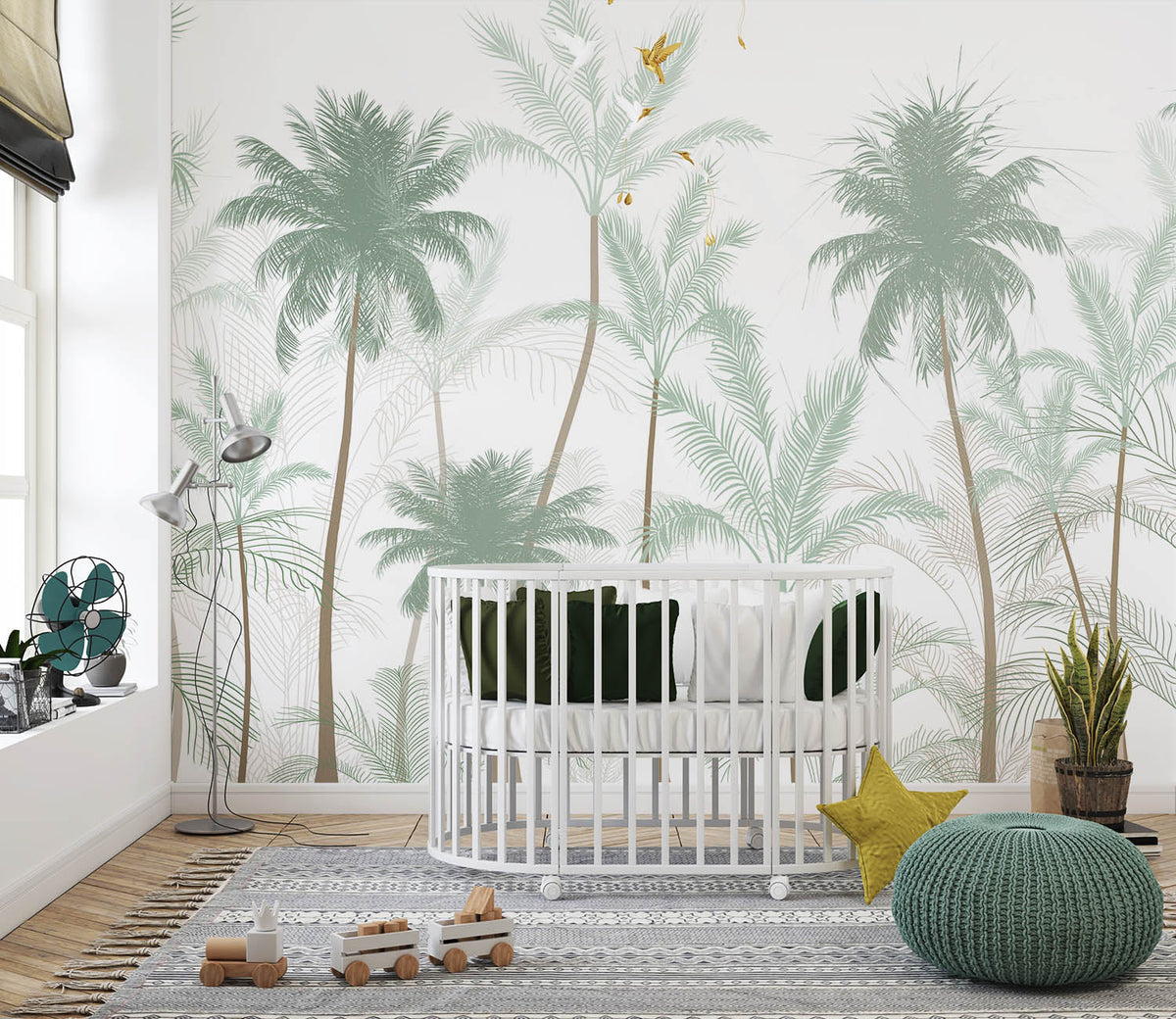 Tapet Personalizat Natura pentru copii cu palmieri inalti in nuante de verde pastel - PASTEL GREEN PALMS