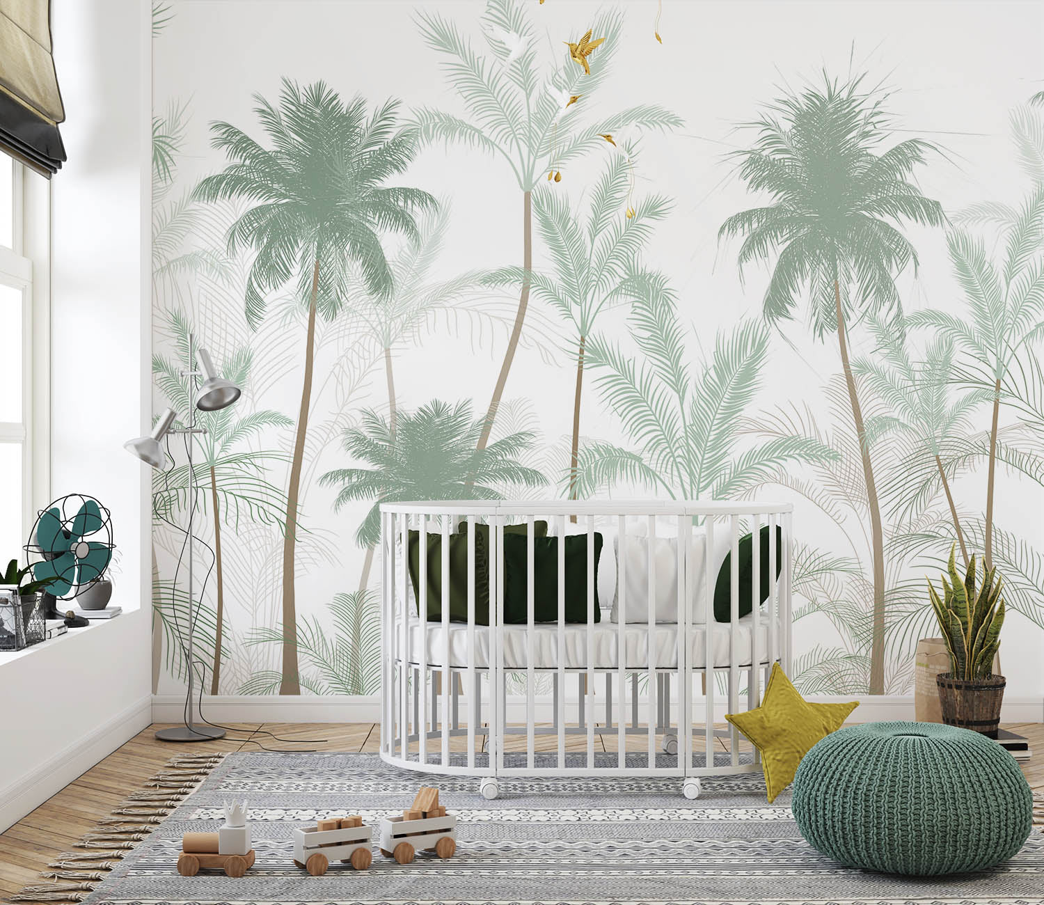 Tapet Personalizat Natura pentru copii cu palmieri inalti in nuante de verde pastel - PASTEL GREEN PALMS