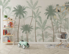 Tapet Personalizat Natura pentru copii cu palmieri inalti in nuante de verde pastel - PASTEL GREEN PALMS