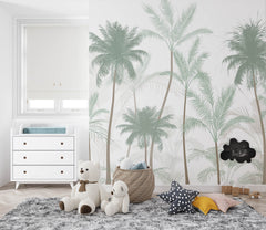 Tapet Personalizat Natura pentru copii cu palmieri inalti in nuante de verde pastel - PASTEL GREEN PALMS