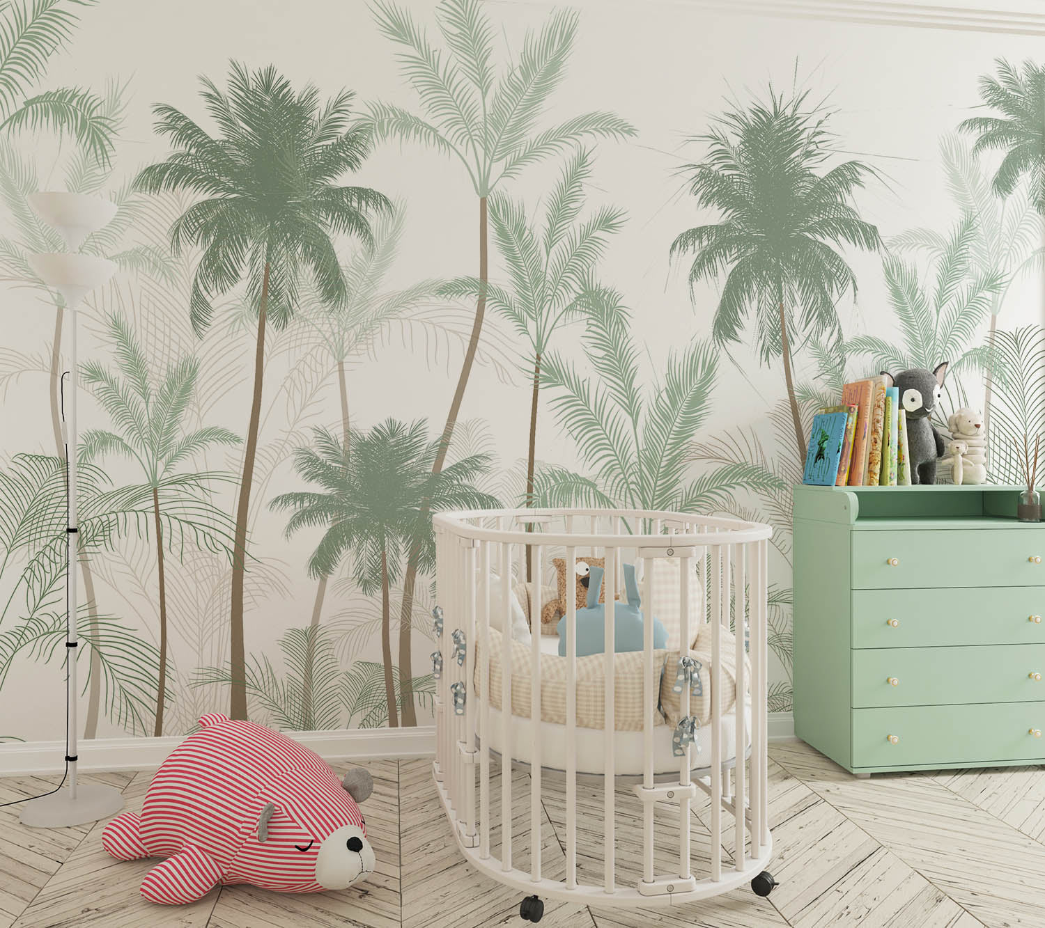 Tapet Personalizat Natura pentru copii cu palmieri inalti in nuante de verde pastel - PASTEL GREEN PALMS