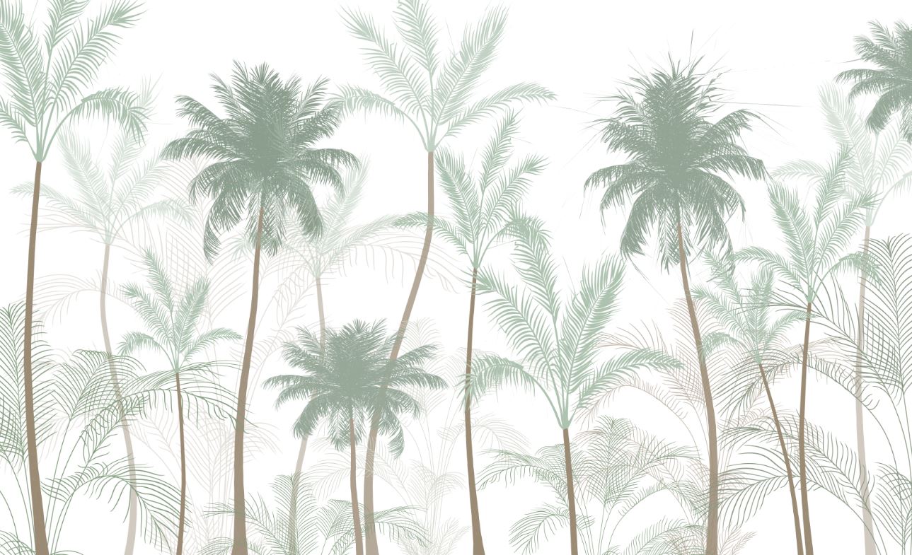 Tapet Personalizat Natura pentru copii cu palmieri inalti in nuante de verde pastel - PASTEL GREEN PALMS