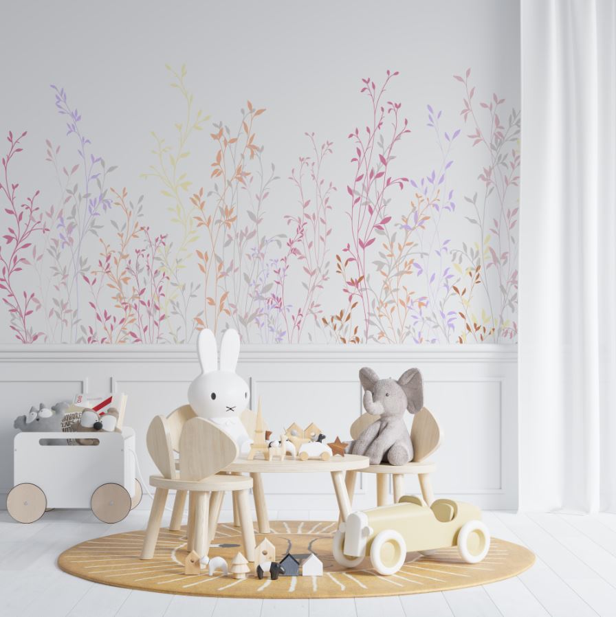 Tapet Personalizat Natura pentru copii cu plante si frunze colorate - PASTEL RAINBOW PLANTS