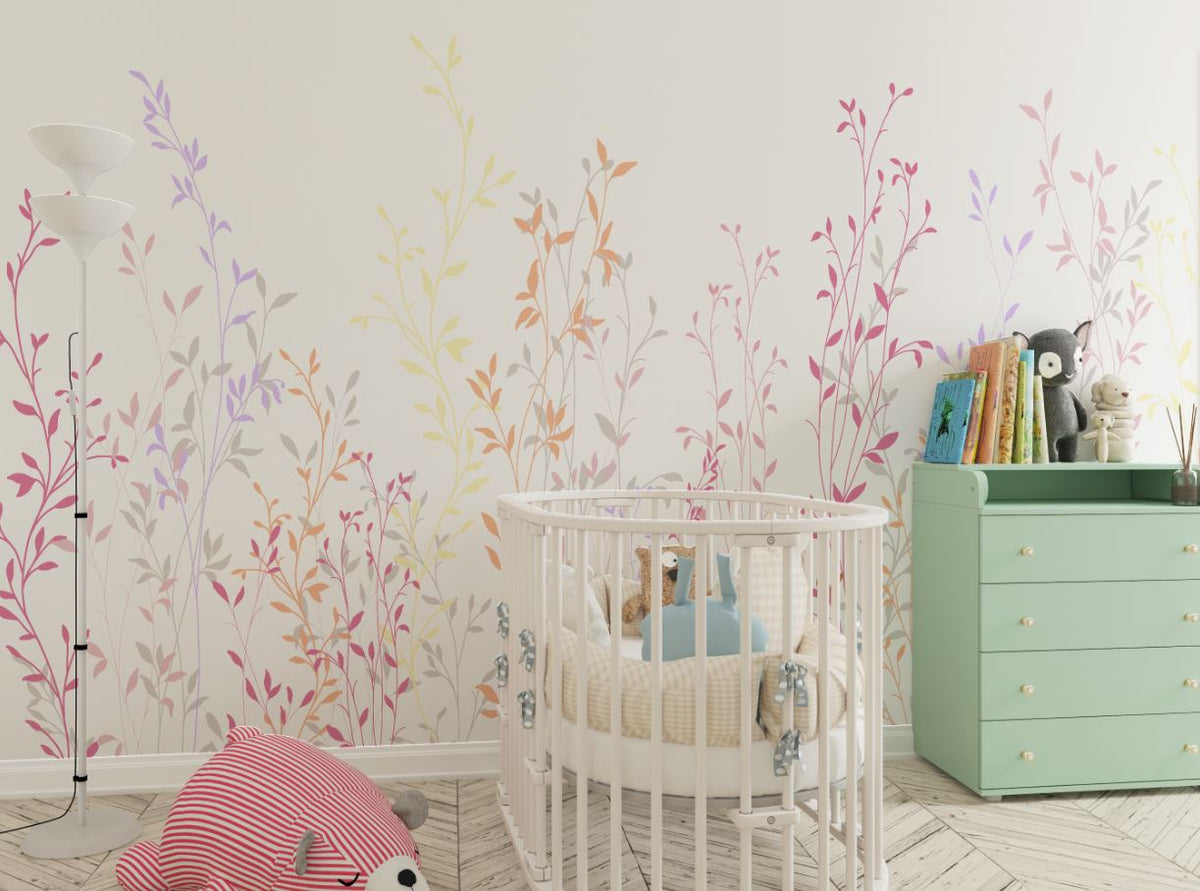 Tapet Personalizat Natura pentru copii cu plante si frunze colorate - PASTEL RAINBOW PLANTS