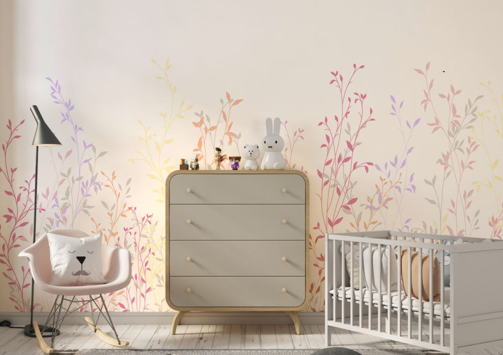 Tapet Personalizat Natura pentru copii cu plante si frunze colorate - PASTEL RAINBOW PLANTS