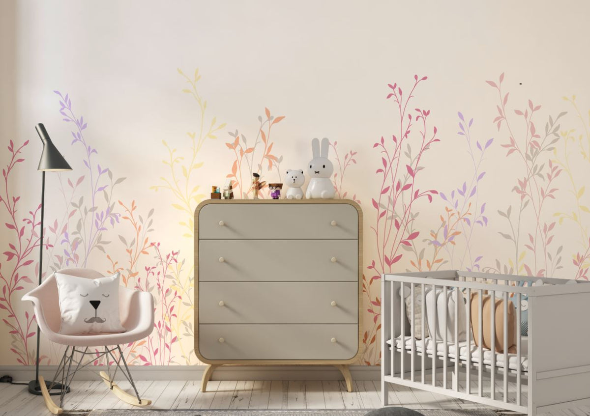 Tapet Personalizat Natura pentru copii cu plante si frunze colorate - PASTEL RAINBOW PLANTS