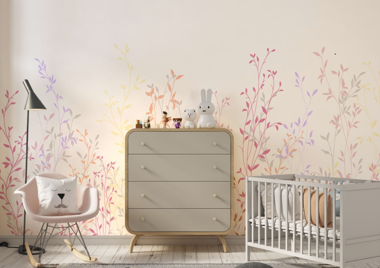 Tapet Personalizat Natura pentru copii cu plante si frunze colorate - PASTEL RAINBOW PLANTS