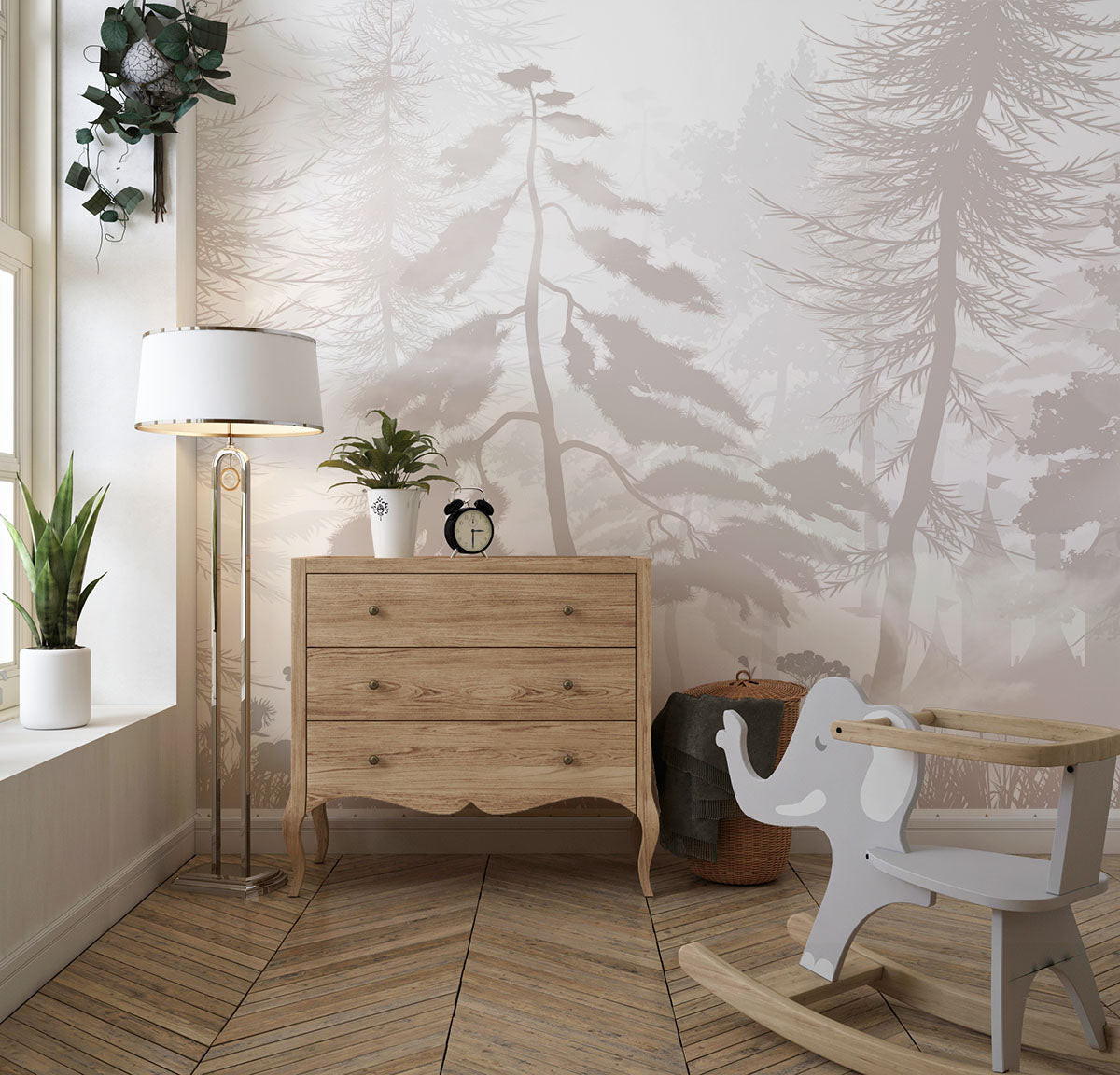 Tapet Personalizat Natura pentru copii cu padure de conifere in nuante bej - PASTEL BEIGE FOREST