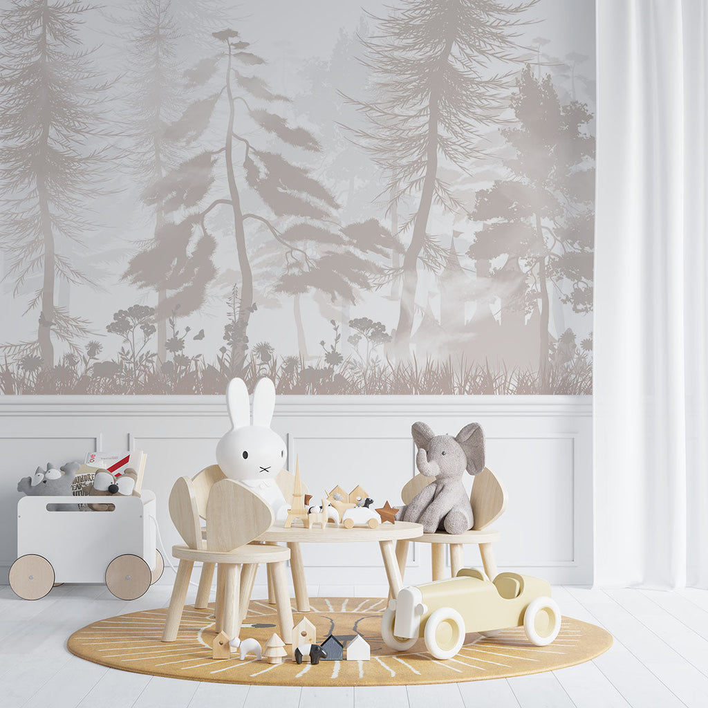 Tapet Personalizat Natura pentru copii cu padure de conifere in nuante bej - PASTEL BEIGE FOREST