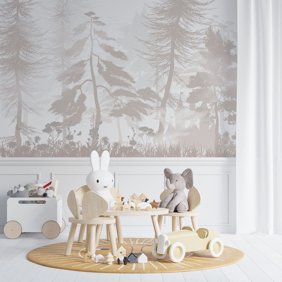 Tapet Personalizat Natura pentru copii cu padure de conifere in nuante bej - PASTEL BEIGE FOREST