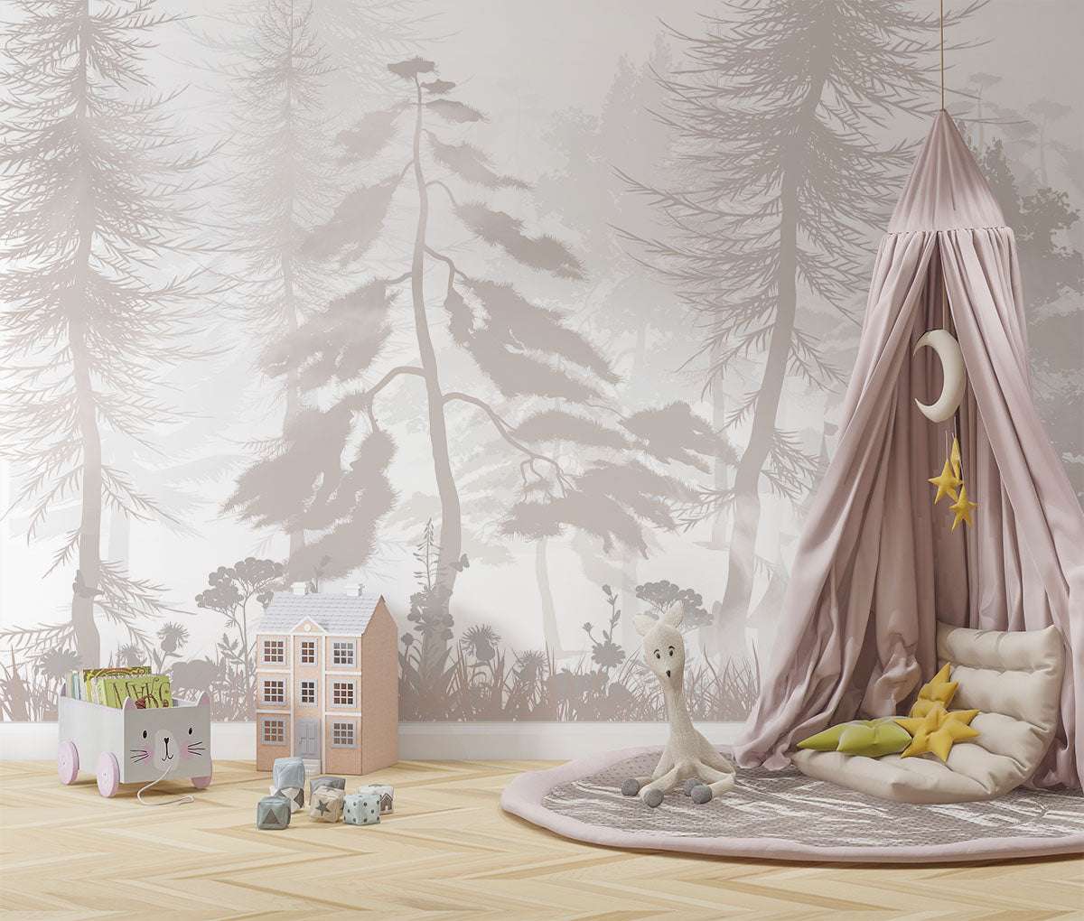 Tapet Personalizat Natura pentru copii cu padure de conifere in nuante bej - PASTEL BEIGE FOREST