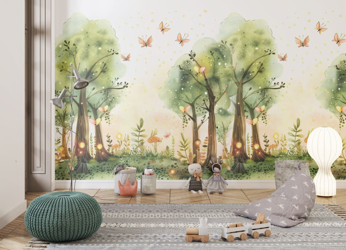 Tapet Personalizat Natura pentru copii cu copaci, licurici si fluturi - FAIRY BUTTERFLY FOREST