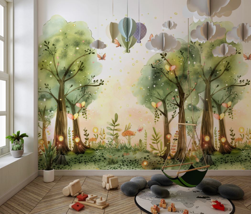 Tapet Personalizat Natura pentru copii cu copaci, licurici si fluturi - FAIRY BUTTERFLY FOREST