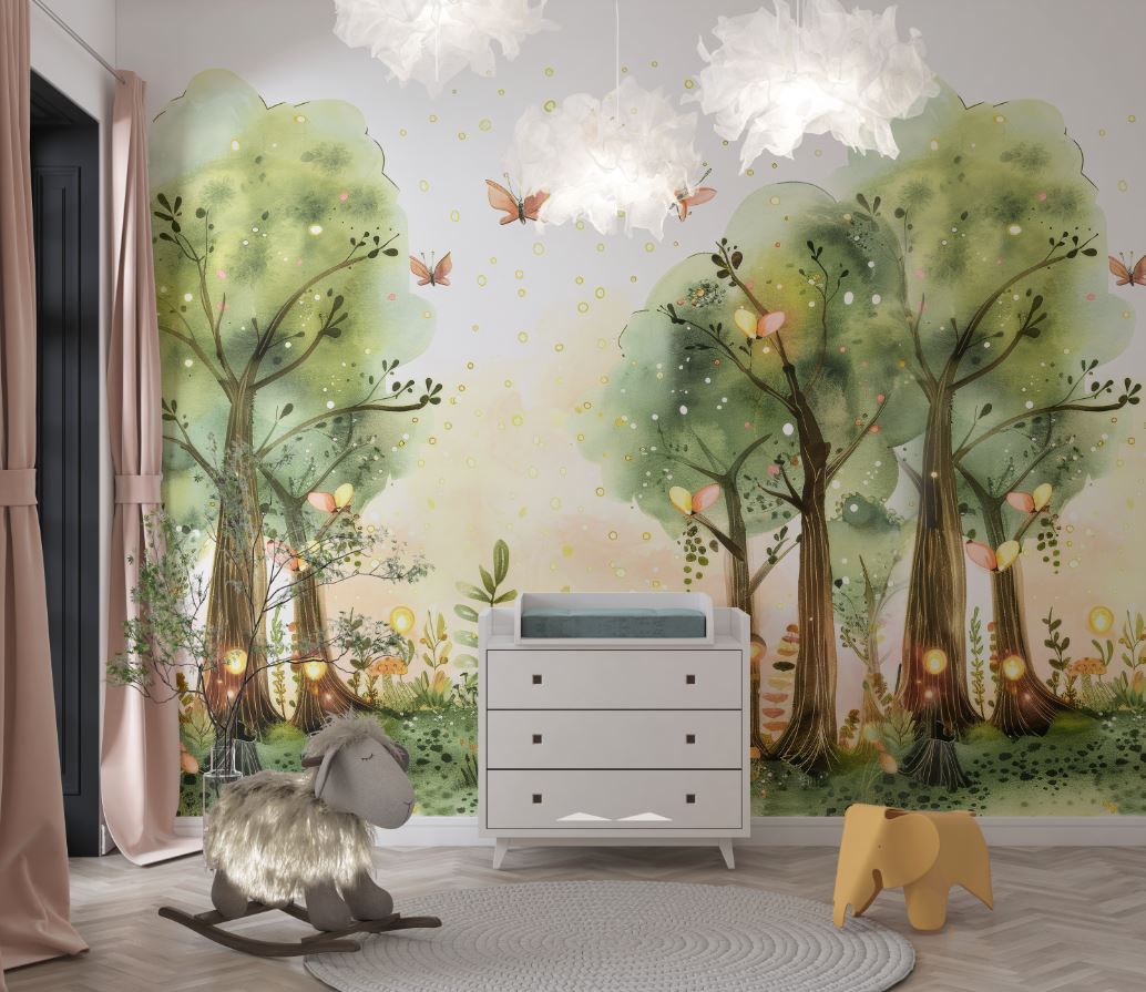 Tapet Personalizat Natura pentru copii cu copaci, licurici si fluturi - FAIRY BUTTERFLY FOREST
