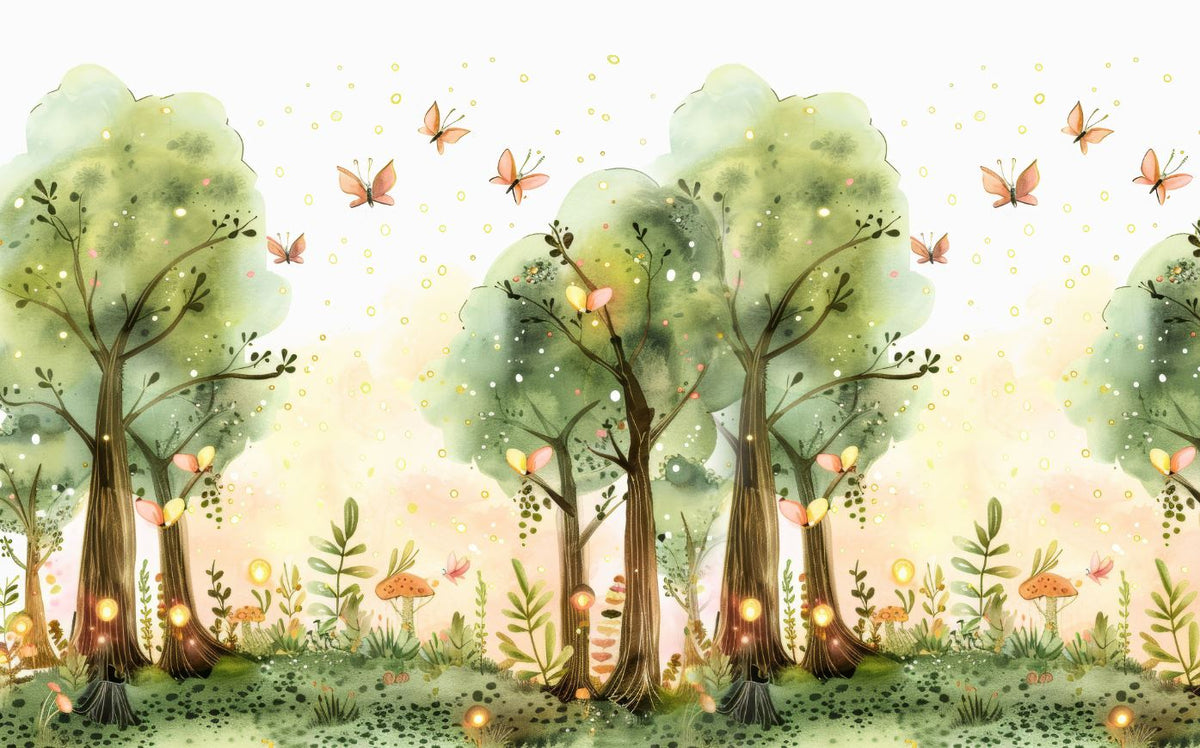 Tapet Personalizat Natura pentru copii cu copaci, licurici si fluturi - FAIRY BUTTERFLY FOREST