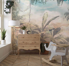 Tapet Personalizat Natura pentru copii cu ceata in jungla amazoniana in nuante calde -  DUSTY JUNGLE II
