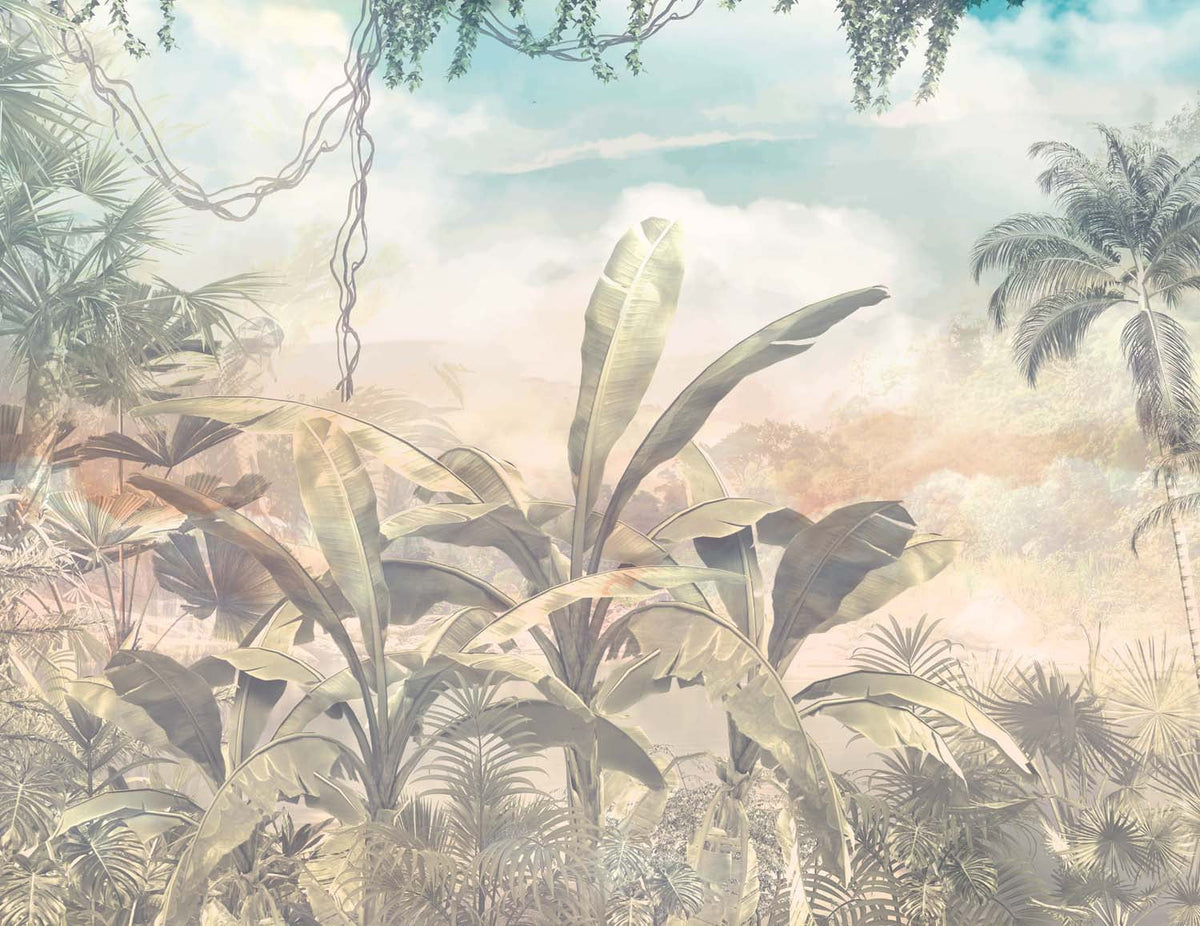 Tapet Personalizat Natura pentru copii cu ceata in jungla amazoniana in nuante calde -  DUSTY JUNGLE II