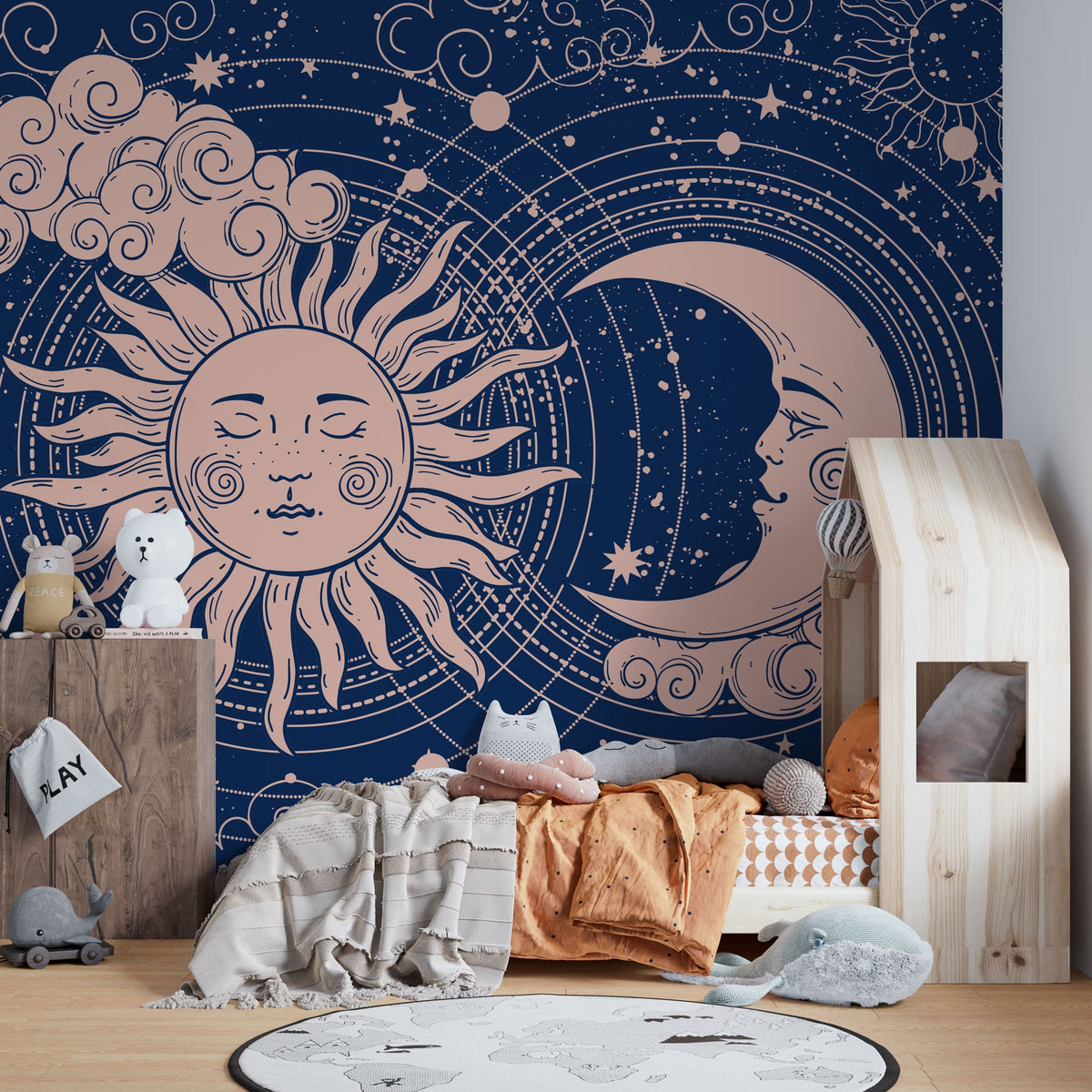 Tapet personalizat universul spatial pentru copii cu soarele si luna pe cerul instelat soon & moon