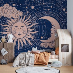 Tapet personalizat universul spatial pentru copii cu soarele si luna pe cerul instelat soon & moon