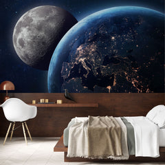 Tapet personalizat universul spatial pentru copii cu luna si planeta pamant vazute din spatiu earth & moon