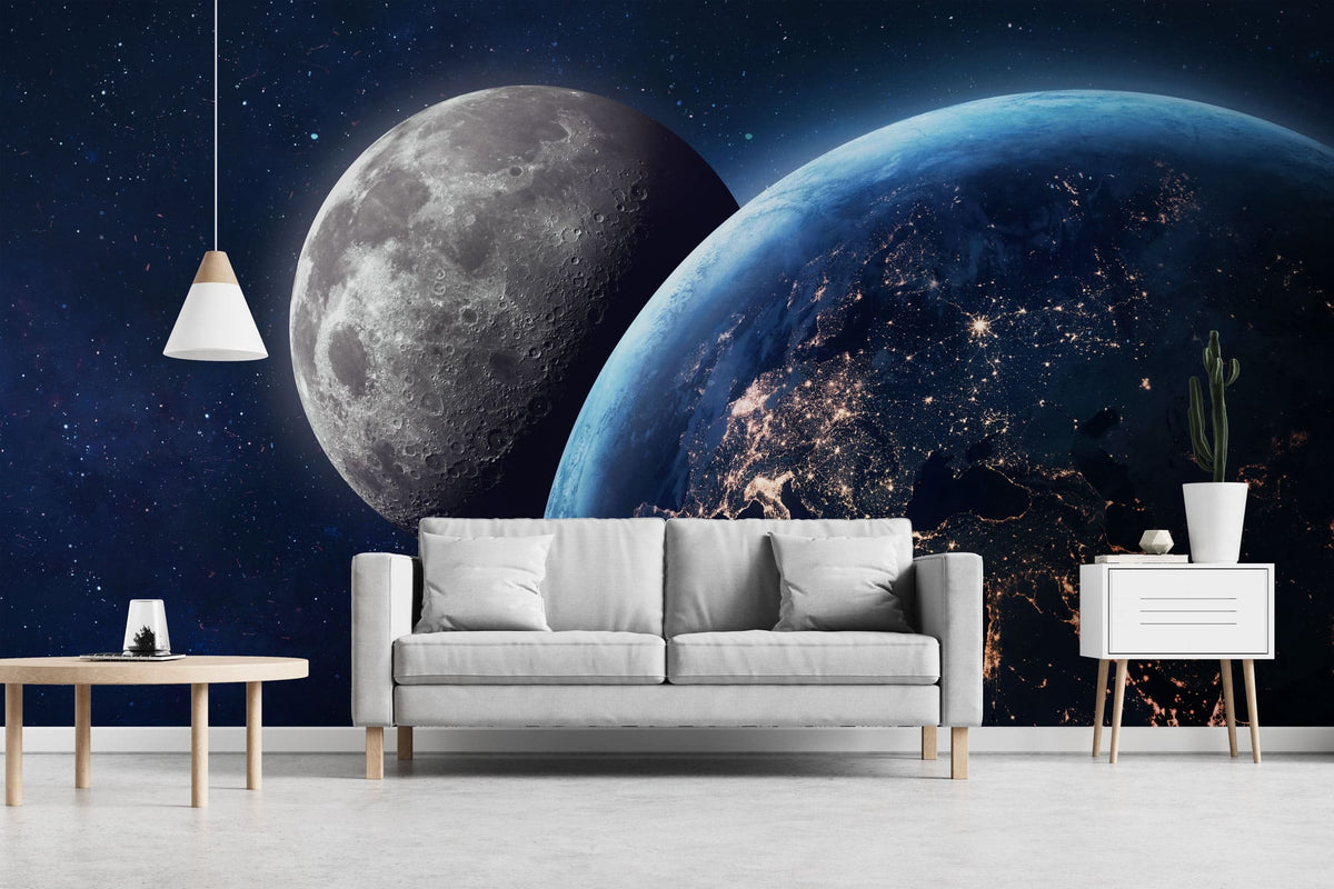 Tapet personalizat universul spatial pentru copii cu luna si planeta pamant vazute din spatiu earth & moon