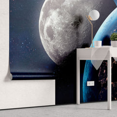 Tapet personalizat universul spatial pentru copii cu luna si planeta pamant vazute din spatiu earth & moon