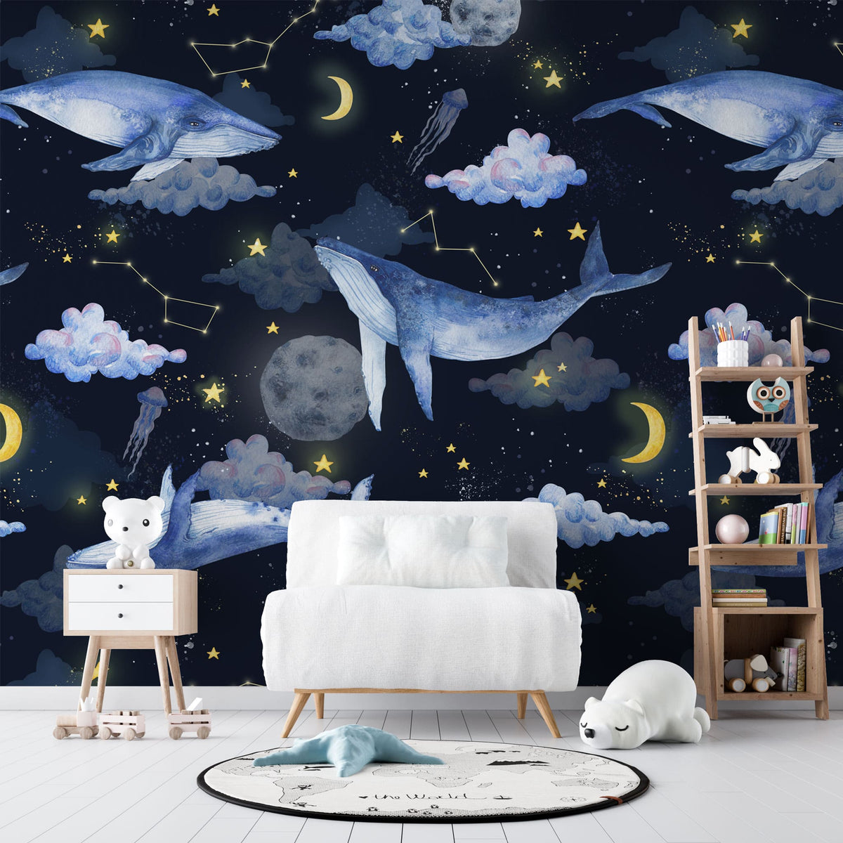 Tapet personalizat universul spatial pentru copii cu balene pe cerul negru printre luna stele constelatii si nori night wale
