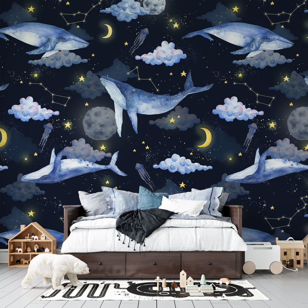 Tapet personalizat universul spatial pentru copii cu balene pe cerul negru printre luna stele constelatii si nori night wale
