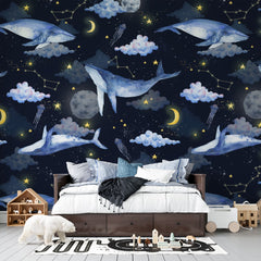 Tapet personalizat universul spatial pentru copii cu balene pe cerul negru printre luna stele constelatii si nori night wale